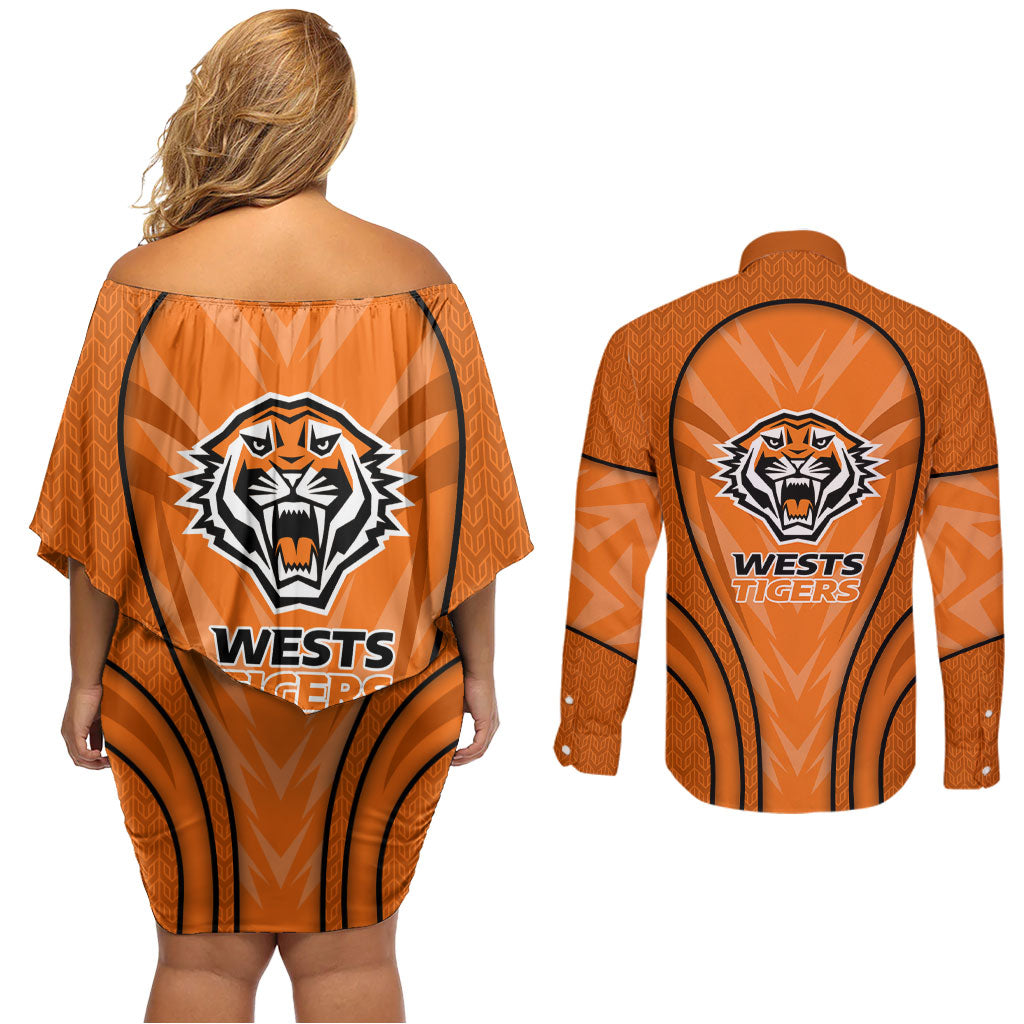 Wests Tigers Rugby Mascot Couples Matching Off Shoulder Short Dress and Long Sleeve Button Shirt Australian Rugby Culture - Tribal Inspired Tiger