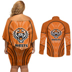 Wests Tigers Rugby Mascot Couples Matching Off Shoulder Short Dress and Long Sleeve Button Shirt Australian Rugby Culture - Tribal Inspired Tiger