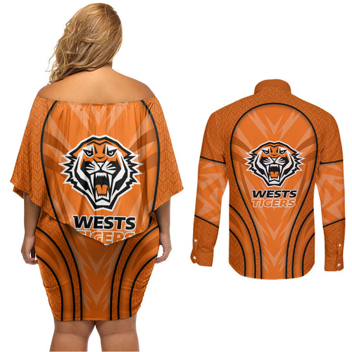 Wests Tigers Rugby Mascot Couples Matching Off Shoulder Short Dress and Long Sleeve Button Shirt Australian Rugby Culture - Tribal Inspired Tiger