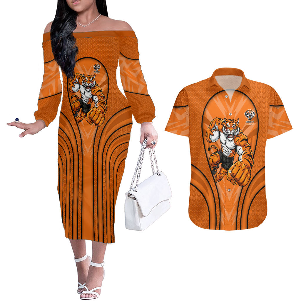 Wests Tigers Rugby Mascot Couples Matching Off The Shoulder Long Sleeve Dress and Hawaiian Shirt Australian Rugby Culture - Tribal Inspired Tiger