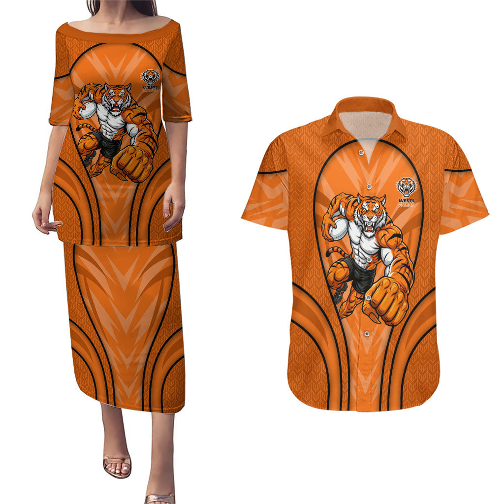 Wests Tigers Rugby Mascot Couples Matching Puletasi and Hawaiian Shirt Australian Rugby Culture - Tribal Inspired Tiger
