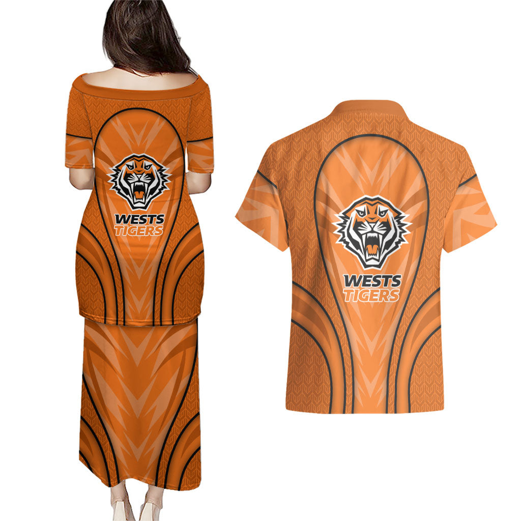 Wests Tigers Rugby Mascot Couples Matching Puletasi and Hawaiian Shirt Australian Rugby Culture - Tribal Inspired Tiger