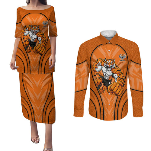 Wests Tigers Rugby Mascot Couples Matching Puletasi and Long Sleeve Button Shirt Australian Rugby Culture - Tribal Inspired Tiger