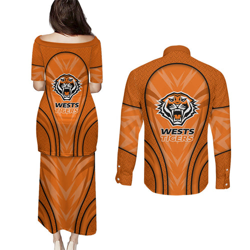 Wests Tigers Rugby Mascot Couples Matching Puletasi and Long Sleeve Button Shirt Australian Rugby Culture - Tribal Inspired Tiger