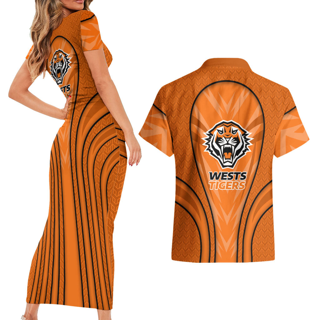 Wests Tigers Rugby Mascot Couples Matching Short Sleeve Bodycon Dress and Hawaiian Shirt Australian Rugby Culture - Tribal Inspired Tiger