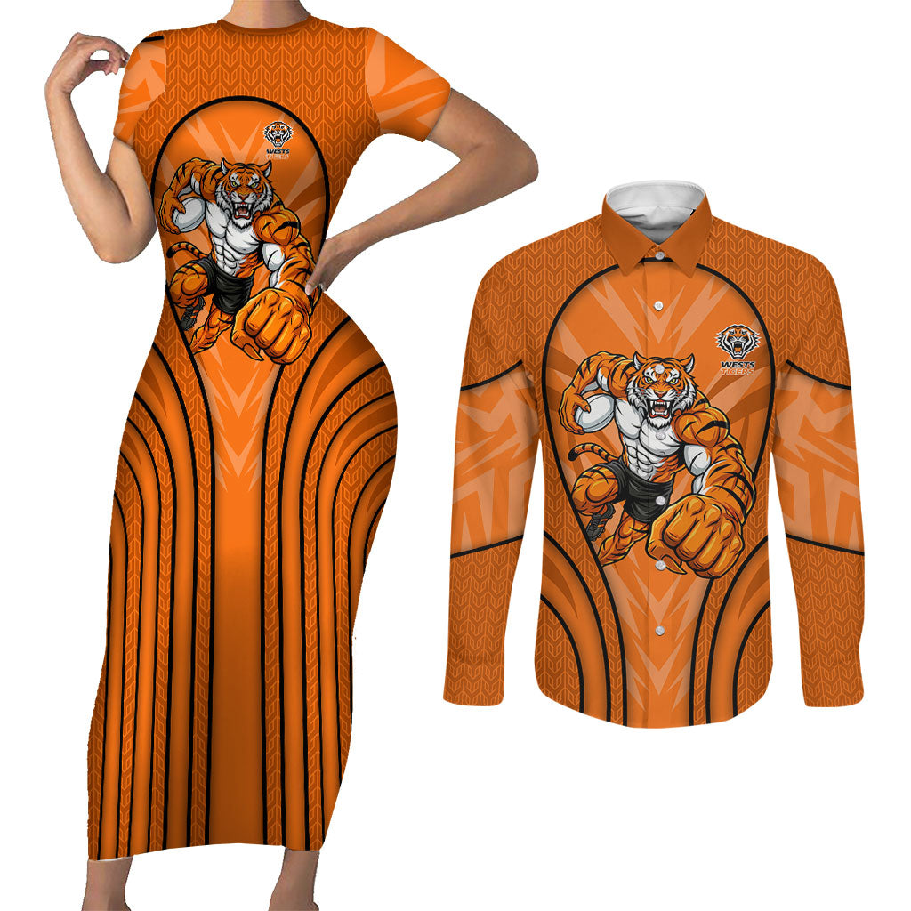 Wests Tigers Rugby Mascot Couples Matching Short Sleeve Bodycon Dress and Long Sleeve Button Shirt Australian Rugby Culture - Tribal Inspired Tiger