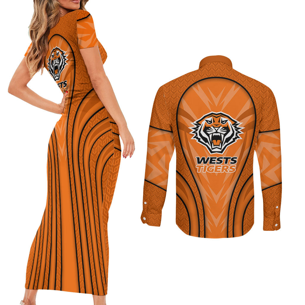 Wests Tigers Rugby Mascot Couples Matching Short Sleeve Bodycon Dress and Long Sleeve Button Shirt Australian Rugby Culture - Tribal Inspired Tiger