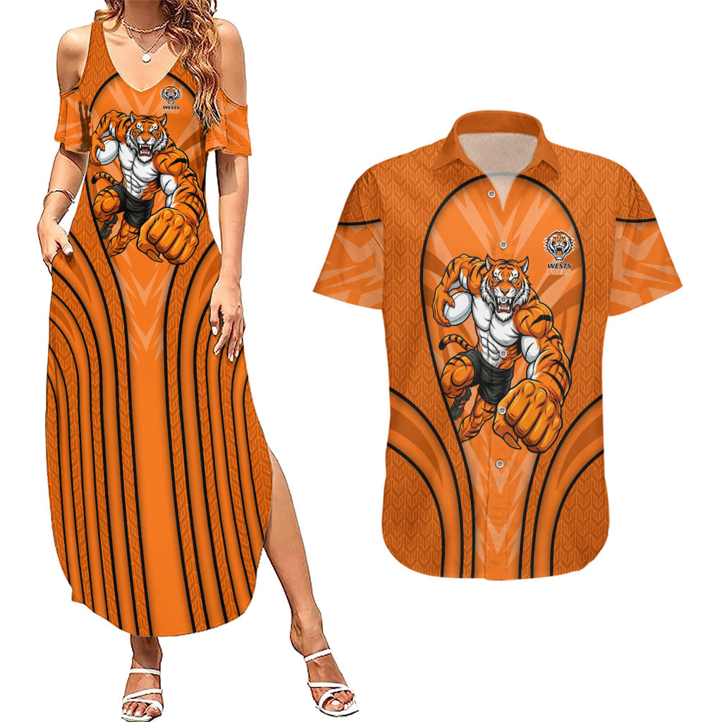 Wests Tigers Rugby Mascot Couples Matching Summer Maxi Dress and Hawaiian Shirt Australian Rugby Culture - Tribal Inspired Tiger