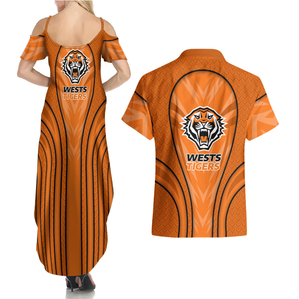 Wests Tigers Rugby Mascot Couples Matching Summer Maxi Dress and Hawaiian Shirt Australian Rugby Culture - Tribal Inspired Tiger