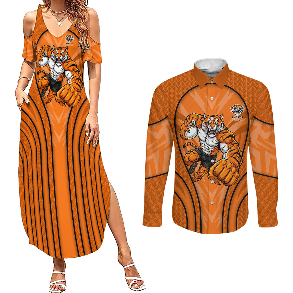 Wests Tigers Rugby Mascot Couples Matching Summer Maxi Dress and Long Sleeve Button Shirt Australian Rugby Culture - Tribal Inspired Tiger