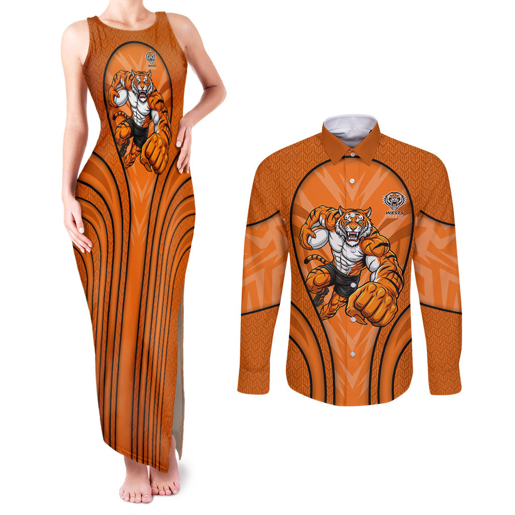 Wests Tigers Rugby Mascot Couples Matching Tank Maxi Dress and Long Sleeve Button Shirt Australian Rugby Culture - Tribal Inspired Tiger