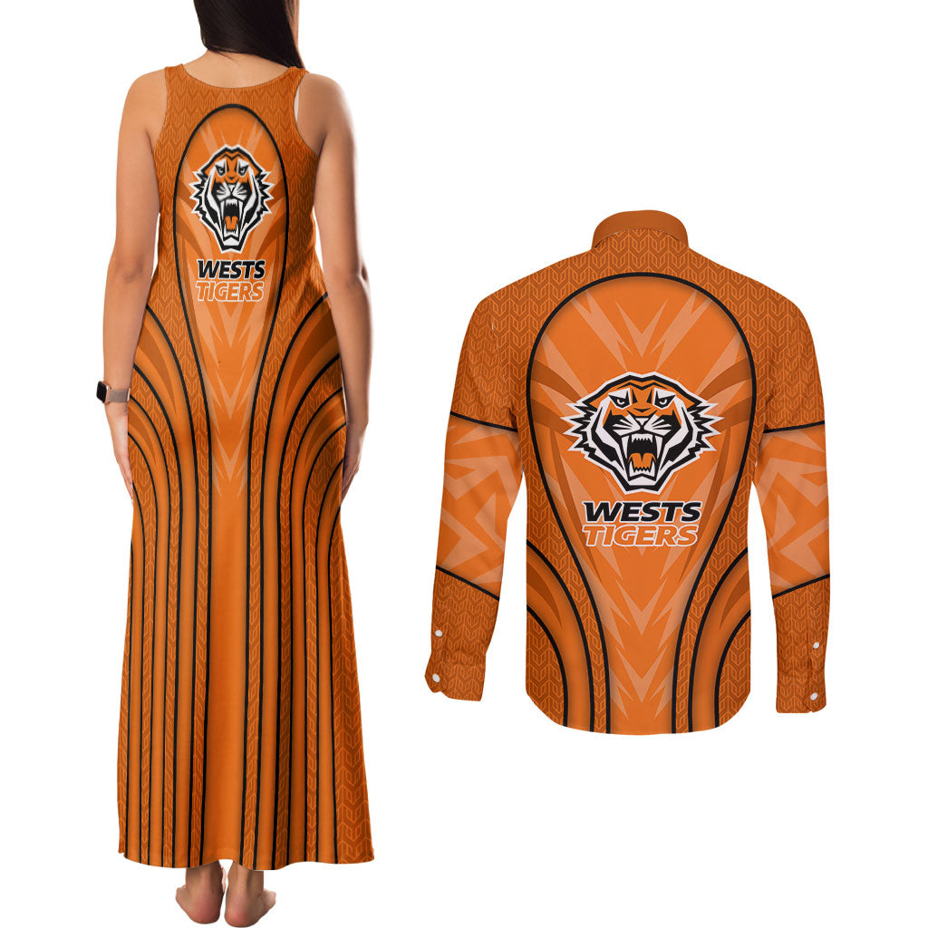 Wests Tigers Rugby Mascot Couples Matching Tank Maxi Dress and Long Sleeve Button Shirt Australian Rugby Culture - Tribal Inspired Tiger