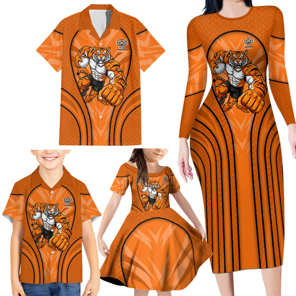 Wests Tigers Rugby Mascot Family Matching Long Sleeve Bodycon Dress and Hawaiian Shirt Australian Rugby Culture - Tribal Inspired Tiger