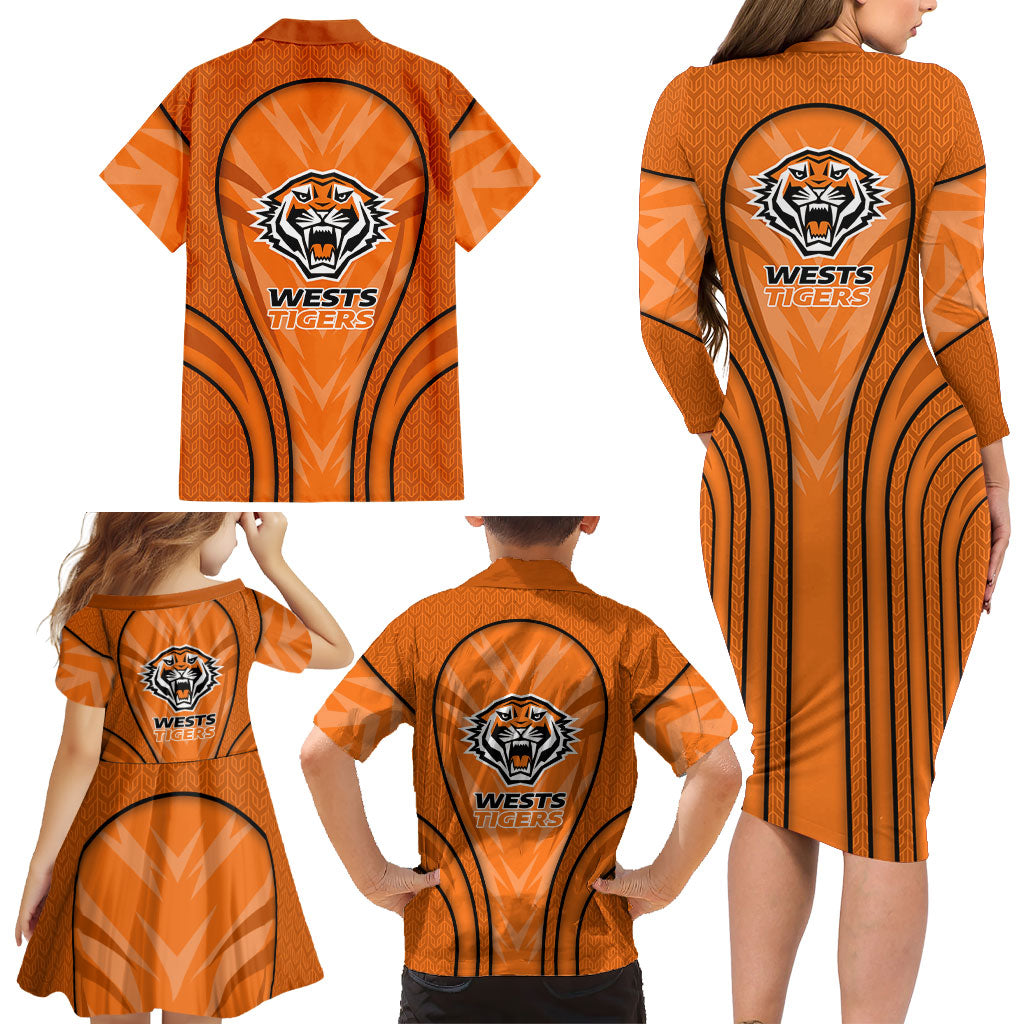 Wests Tigers Rugby Mascot Family Matching Long Sleeve Bodycon Dress and Hawaiian Shirt Australian Rugby Culture - Tribal Inspired Tiger
