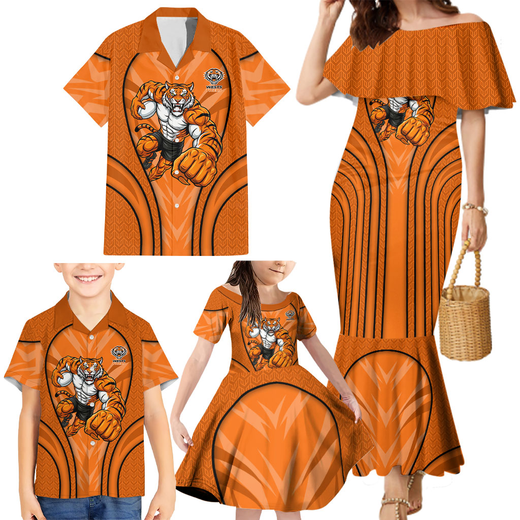 Wests Tigers Rugby Mascot Family Matching Mermaid Dress and Hawaiian Shirt Australian Rugby Culture - Tribal Inspired Tiger