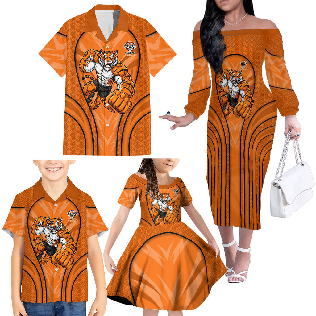 Wests Tigers Rugby Mascot Family Matching Off The Shoulder Long Sleeve Dress and Hawaiian Shirt Australian Rugby Culture - Tribal Inspired Tiger