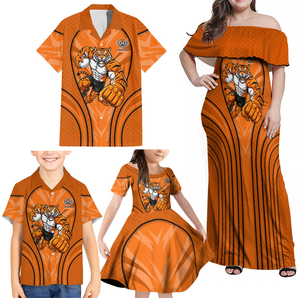 Wests Tigers Rugby Mascot Family Matching Off Shoulder Maxi Dress and Hawaiian Shirt Australian Rugby Culture - Tribal Inspired Tiger