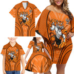 Wests Tigers Rugby Mascot Family Matching Off Shoulder Short Dress and Hawaiian Shirt Australian Rugby Culture - Tribal Inspired Tiger