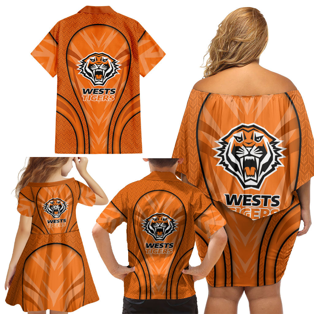 Wests Tigers Rugby Mascot Family Matching Off Shoulder Short Dress and Hawaiian Shirt Australian Rugby Culture - Tribal Inspired Tiger