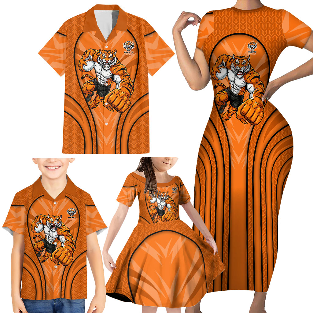 Wests Tigers Rugby Mascot Family Matching Short Sleeve Bodycon Dress and Hawaiian Shirt Australian Rugby Culture - Tribal Inspired Tiger