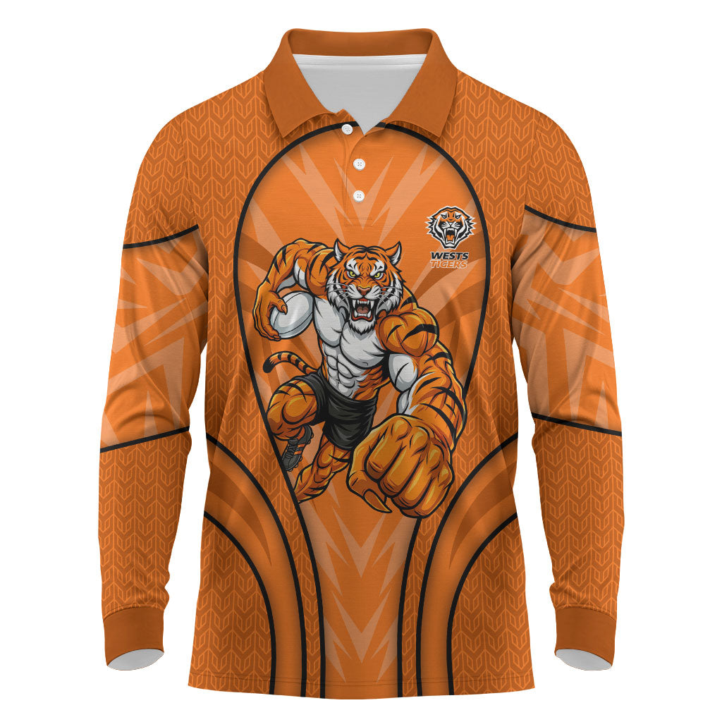 Wests Tigers Rugby Mascot Long Sleeve Polo Shirt Australian Rugby Culture - Tribal Inspired Tiger