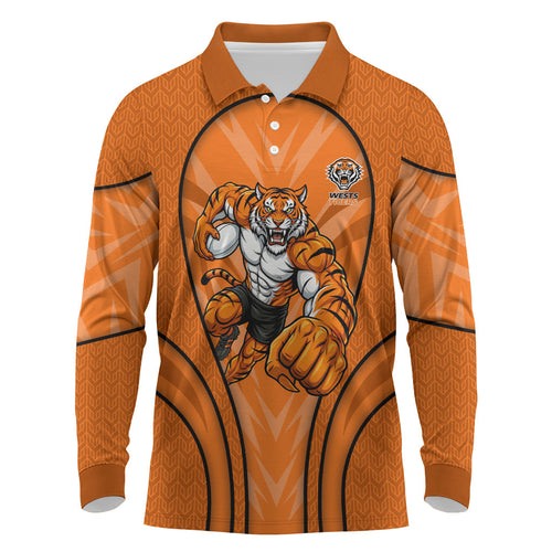 Wests Tigers Rugby Mascot Long Sleeve Polo Shirt Australian Rugby Culture - Tribal Inspired Tiger