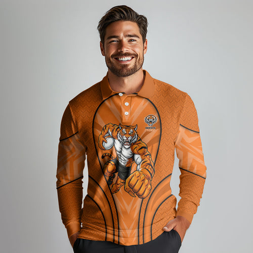 Wests Tigers Rugby Mascot Long Sleeve Polo Shirt Australian Rugby Culture - Tribal Inspired Tiger