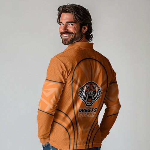 Wests Tigers Rugby Mascot Long Sleeve Polo Shirt Australian Rugby Culture - Tribal Inspired Tiger