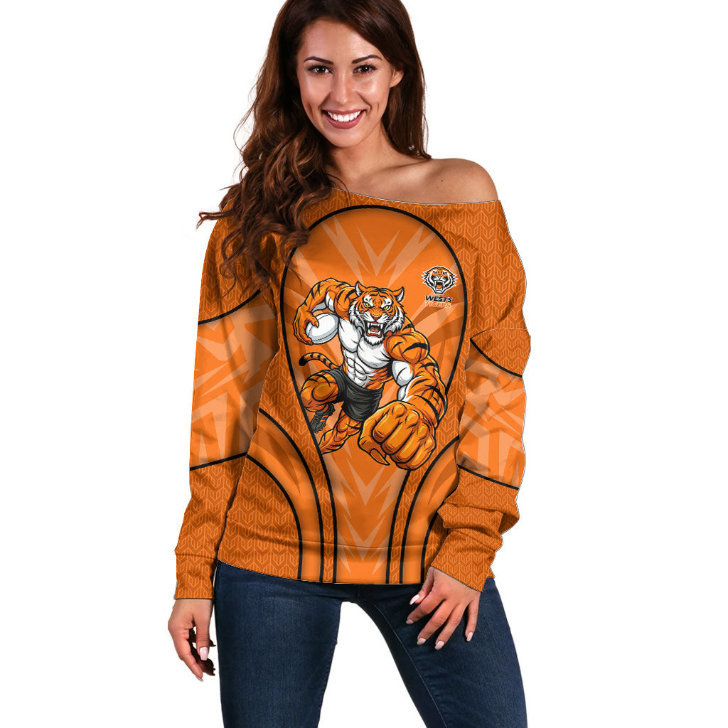 Wests Tigers Rugby Mascot Off Shoulder Sweater Australian Rugby Culture - Tribal Inspired Tiger
