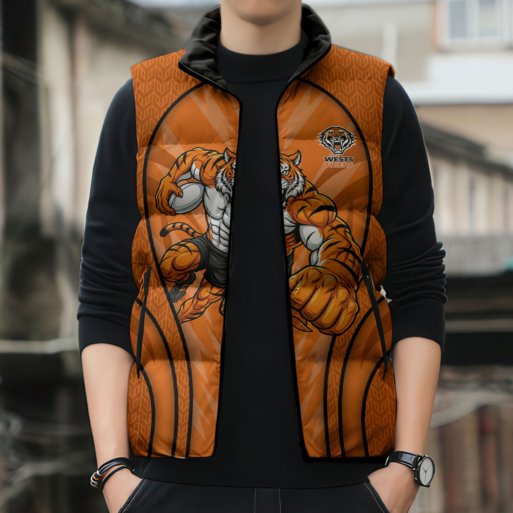 Wests Tigers Rugby Mascot Sleeveless Puffer Jacket Australian Rugby Culture - Tribal Inspired Tiger