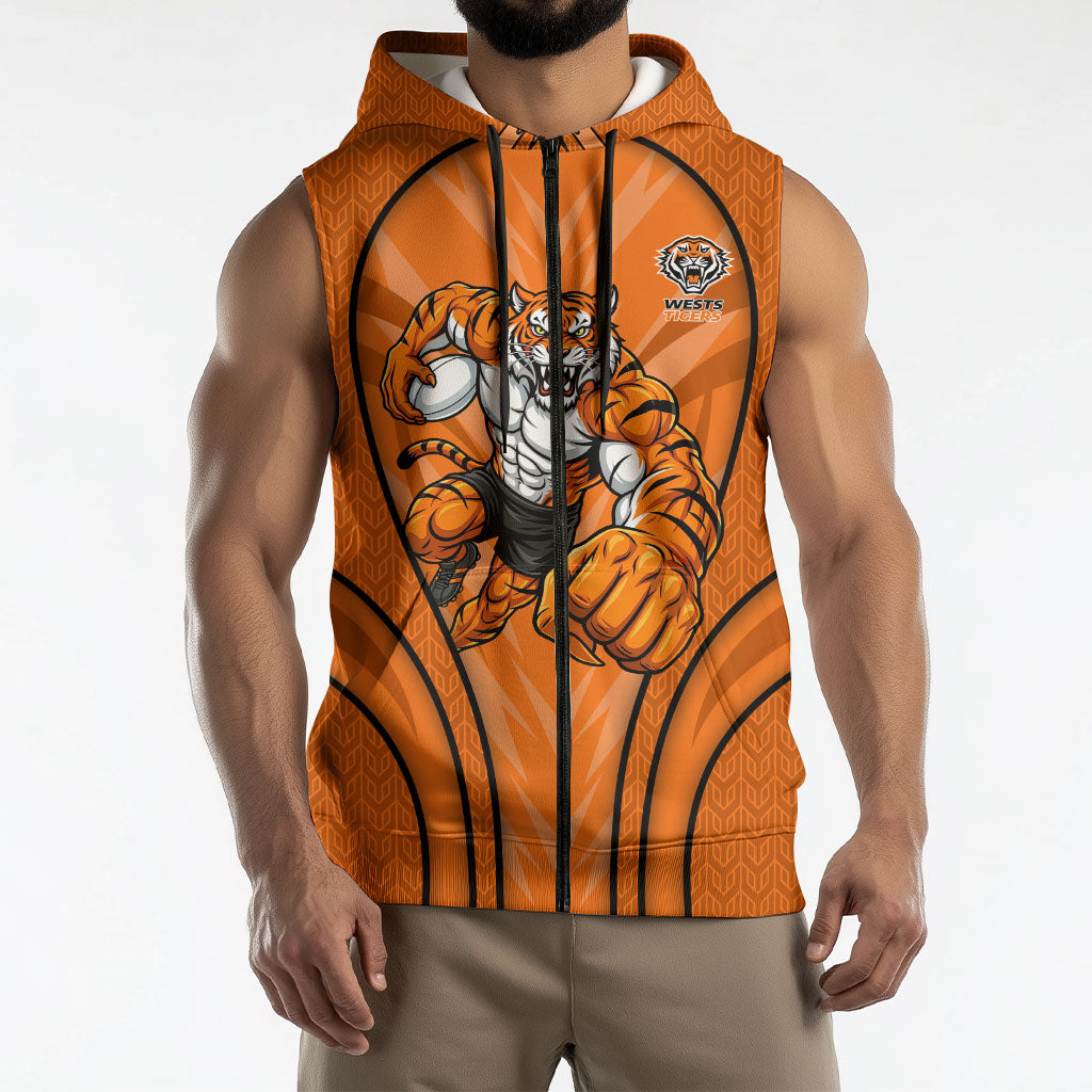Wests Tigers Rugby Mascot Sleeveless Zip Hoodie Australian Rugby Culture - Tribal Inspired Tiger