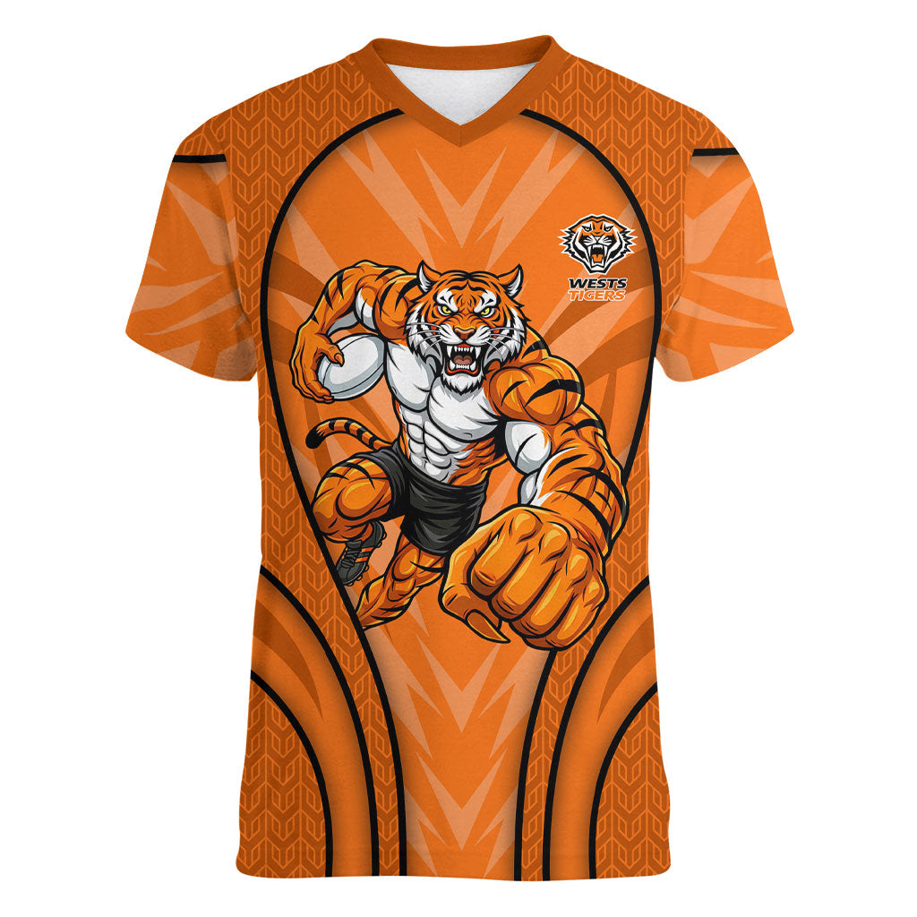 Wests Tigers Rugby Mascot Women V-Neck T-Shirt Australian Rugby Culture - Tribal Inspired Tiger