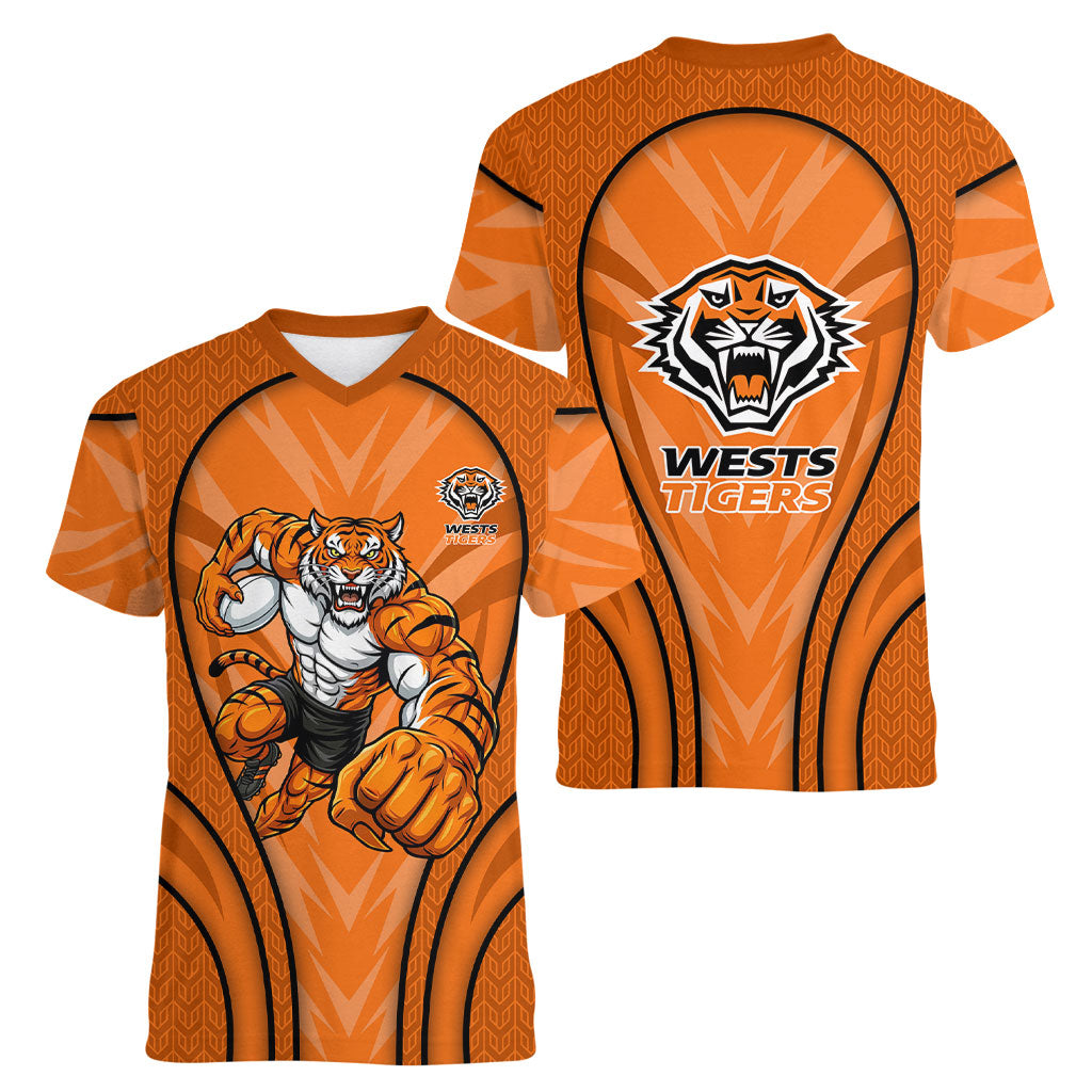 Wests Tigers Rugby Mascot Women V-Neck T-Shirt Australian Rugby Culture - Tribal Inspired Tiger