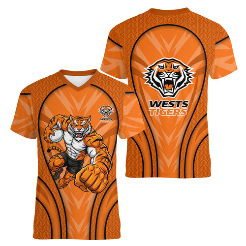 Wests Tigers Rugby Mascot Women V-Neck T-Shirt Australian Rugby Culture - Tribal Inspired Tiger