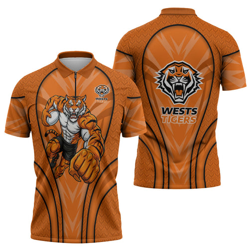 Wests Tigers Rugby Mascot Zipper Polo Shirt Australian Rugby Culture - Tribal Inspired Tiger