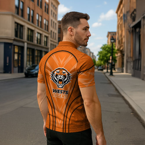 Wests Tigers Rugby Mascot Zipper Polo Shirt Australian Rugby Culture - Tribal Inspired Tiger