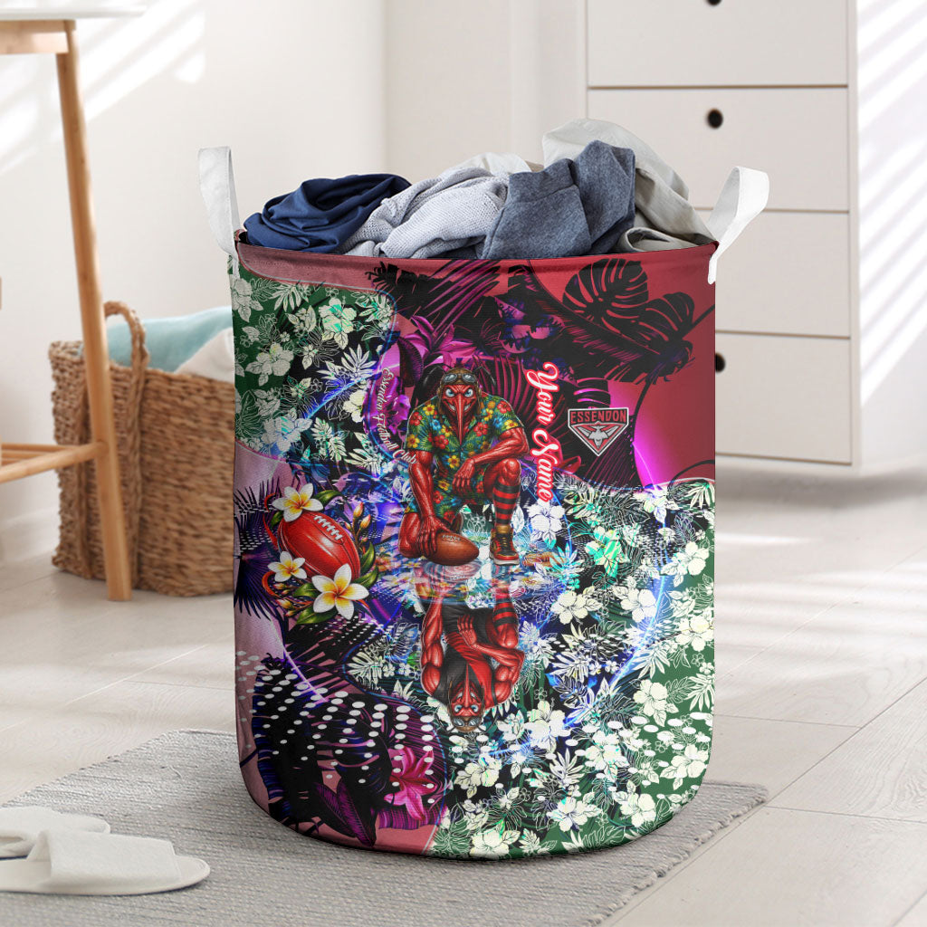 Personalized Essendon Football Bombers Laundry Basket Tropical Hibiscus Flowers - Pacific Fusion Style