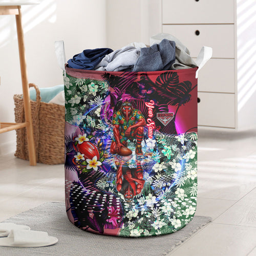 Personalized Essendon Football Bombers Laundry Basket Tropical Hibiscus Flowers - Pacific Fusion Style
