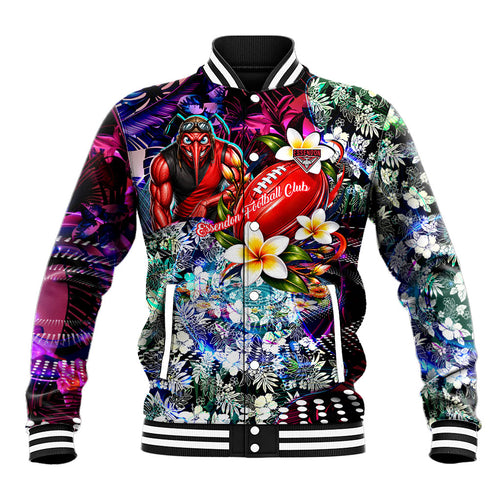 Personalized Essendon Football Bombers Baseball Jacket Tropical Hibiscus Flowers - Pacific Fusion Style