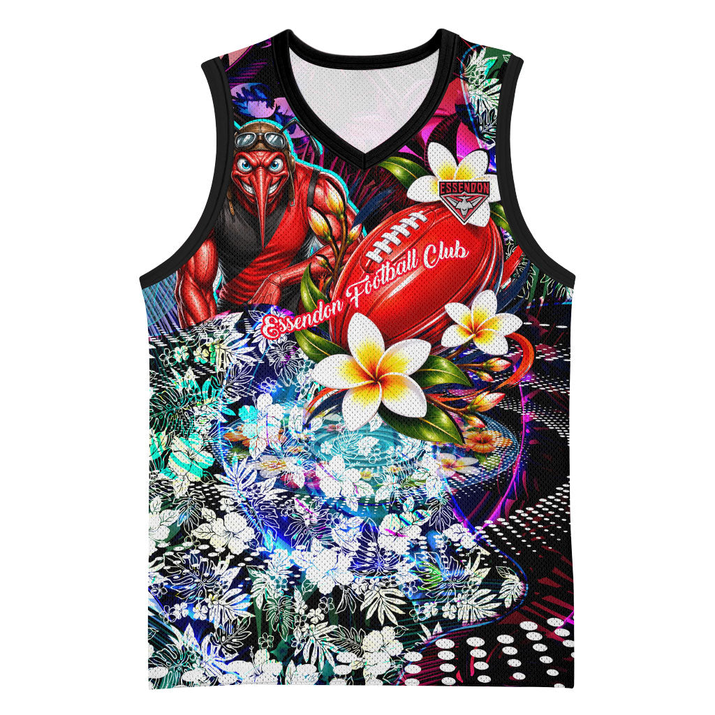 Personalized Essendon Football Bombers Basketball Jersey Tropical Hibiscus Flowers - Pacific Fusion Style