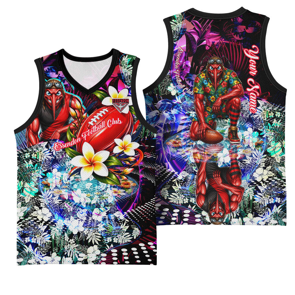 Personalized Essendon Football Bombers Basketball Jersey Tropical Hibiscus Flowers - Pacific Fusion Style
