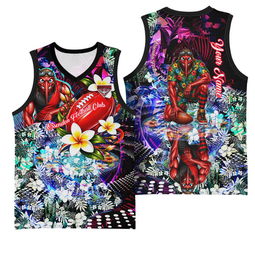 Personalized Essendon Football Bombers Basketball Jersey Tropical Hibiscus Flowers - Pacific Fusion Style