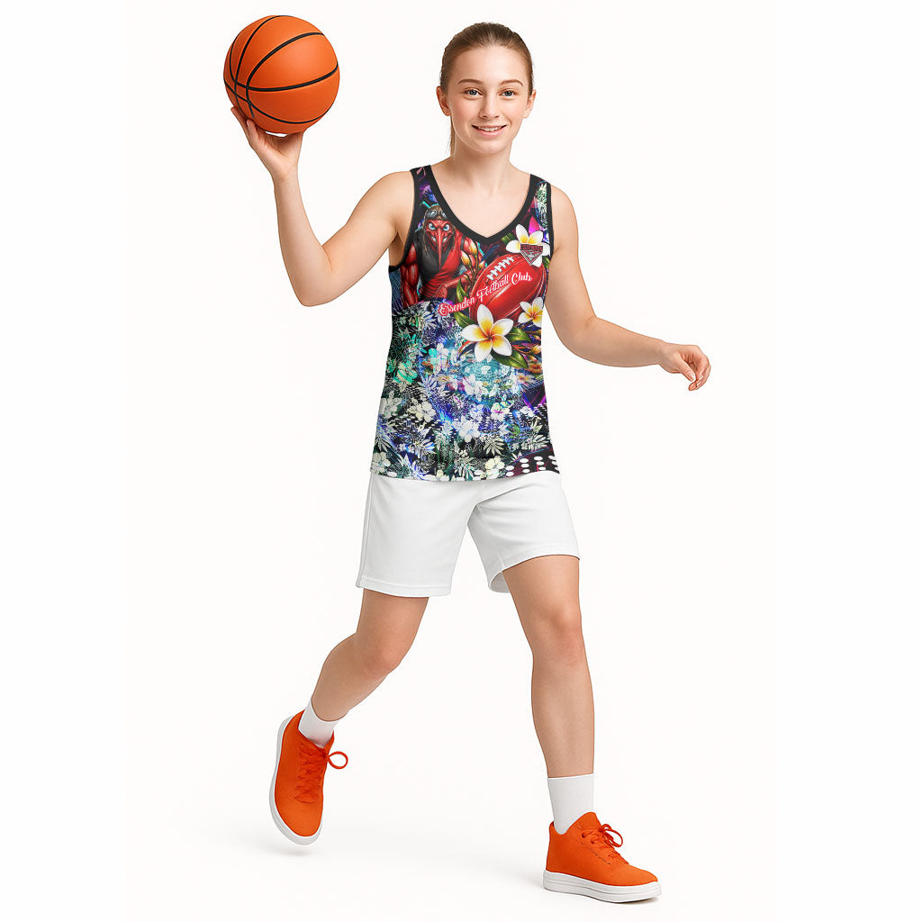 Personalized Essendon Football Bombers Basketball Jersey Tropical Hibiscus Flowers - Pacific Fusion Style