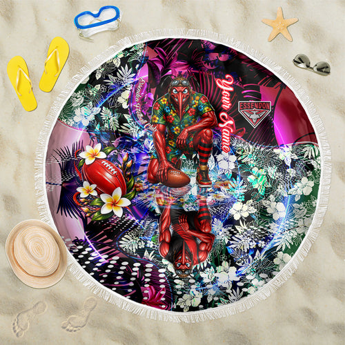 Personalized Essendon Football Bombers Beach Blanket Tropical Hibiscus Flowers - Pacific Fusion Style