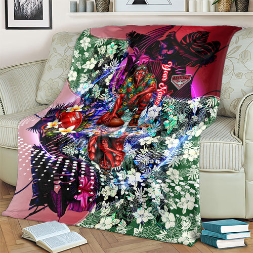 Personalized Essendon Football Bombers Blanket Tropical Hibiscus Flowers - Pacific Fusion Style