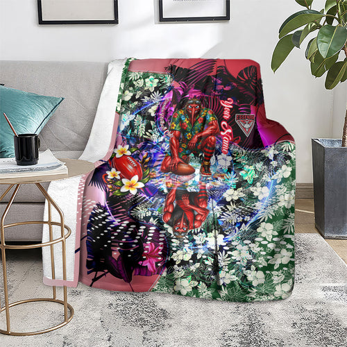 Personalized Essendon Football Bombers Blanket Tropical Hibiscus Flowers - Pacific Fusion Style