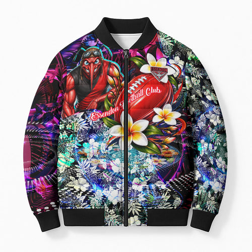 Personalized Essendon Football Bombers Bomber Puffer Jacket Tropical Hibiscus Flowers - Pacific Fusion Style