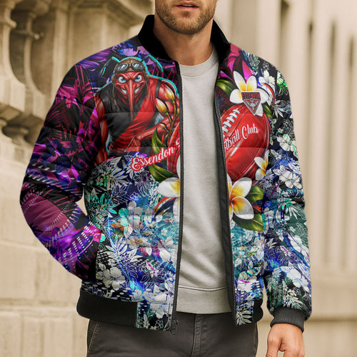Personalized Essendon Football Bombers Bomber Puffer Jacket Tropical Hibiscus Flowers - Pacific Fusion Style
