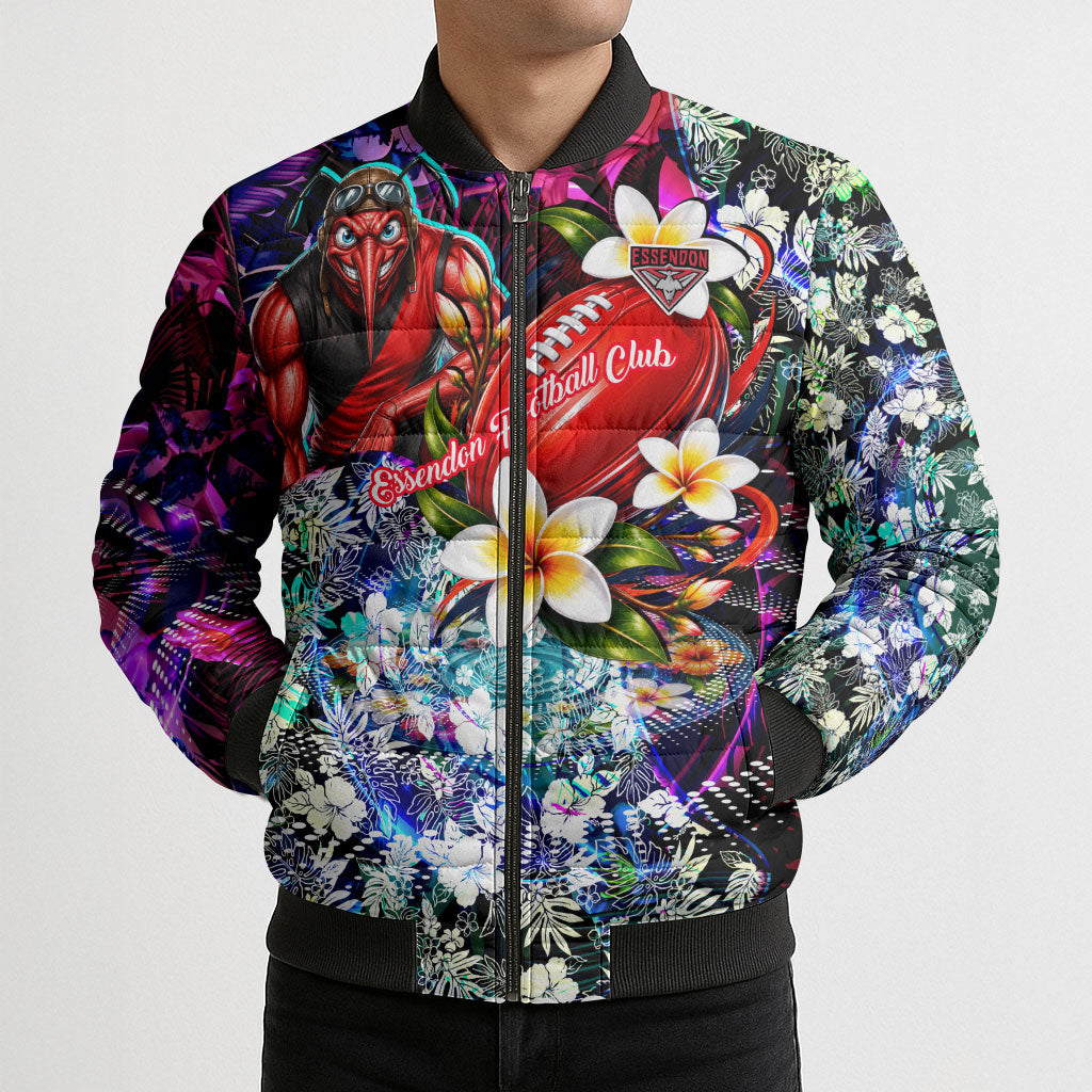 Personalized Essendon Football Bombers Bomber Puffer Jacket Tropical Hibiscus Flowers - Pacific Fusion Style