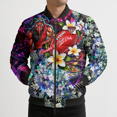 Personalized Essendon Football Bombers Bomber Puffer Jacket Tropical Hibiscus Flowers - Pacific Fusion Style
